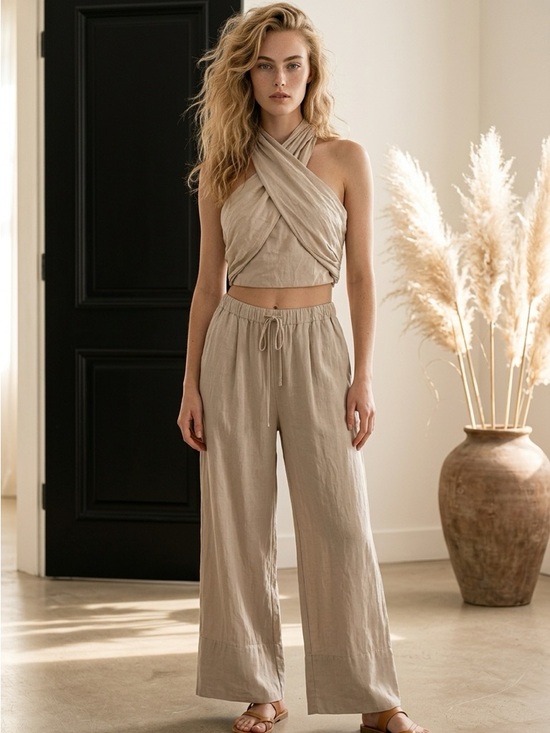 sweetkama Pants - Criss Cross Tie halter Top and Pants Set
